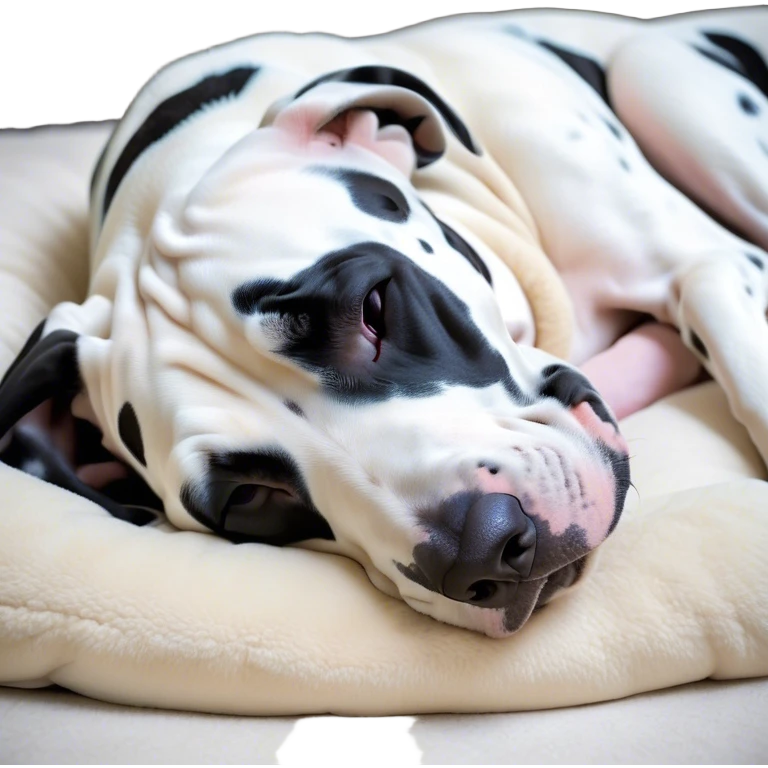 Meme-Worthy Cute Sleeping Harlequin Great Dane Portrait Emoji, Head resting peacefully with a contented smile, showcasing a delightfully majestic build and a luxuriously soft coat of predominantly white with bold black patches, eyes shut in a serene nap, Simplified yet hilariously adorable features, highly detailed, glowing with a soft, drowsy light, high shine, relaxed and utterly lovable, stylized with an air of playful laziness, bright and heartwarming, soft glowing outline, capturing the essence of a comically sleepy guardian, so meme-worthy it feels like it could instantly become the next viral sensation of adorable slumber! emoji