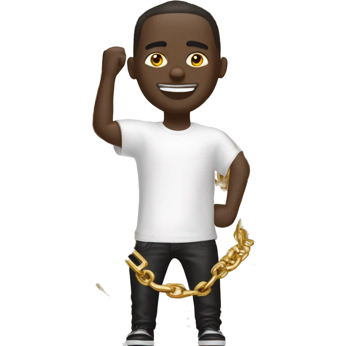 create white man with massive golden chains and call me hand in white balenciaga t-short emoji