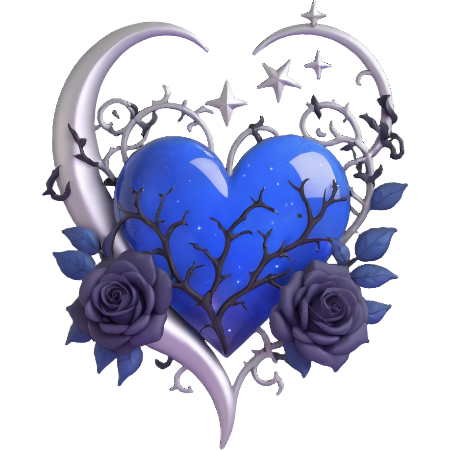 gothic heart, midnight blue glass, silver crescent moon, black roses, stardust, lightning, rain, cracked glass, art deco style emoji