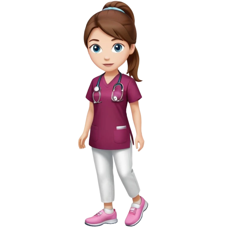 Nurse with brown hair and blue eyes, wearing hair into a ponytail, blue eyes, burgundy tunic, white pants, pink shoes emoji