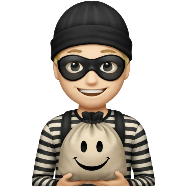 smiley robber wears black eye mask, black beanies and black and white stibes shirt with one money bag beside him emoji