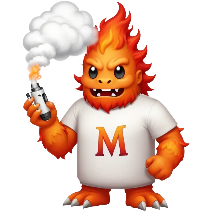 A fire monster wearing a white t shirt with the letter "M" and a vape in his hand blowing smoke emoji