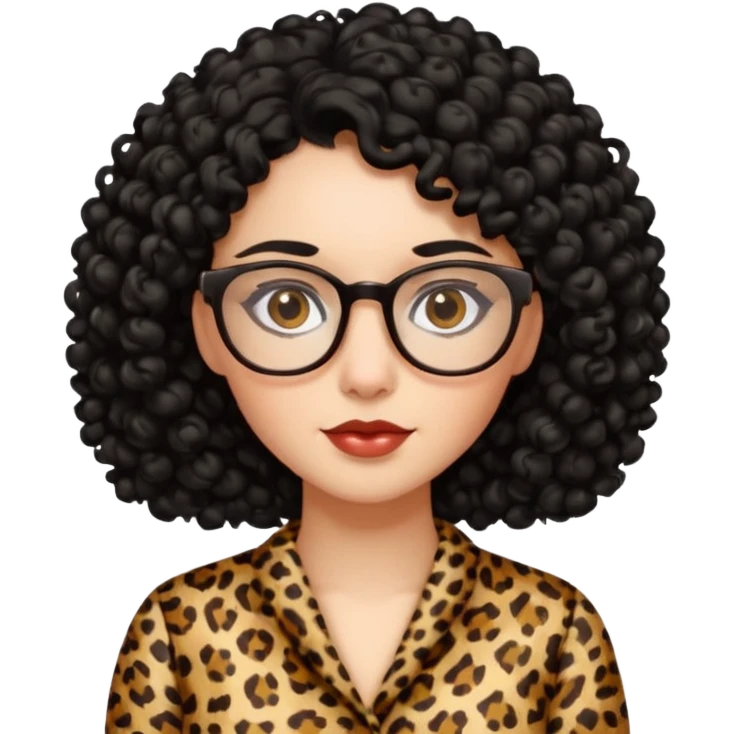 A women who wears glasses with a black curly hair, in a leopard print dress  emoji