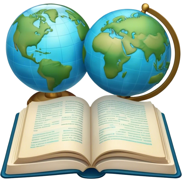 Create an emoji representing language translation. The design should feature just one globe in the background, symbolizing international communication. In front of the globe, place two opened books with texts on them and a pen nearby to indicate the act of writing. Use a clean and professional color palette with blues, greens, and neutral tones. Make the background transparent. emoji