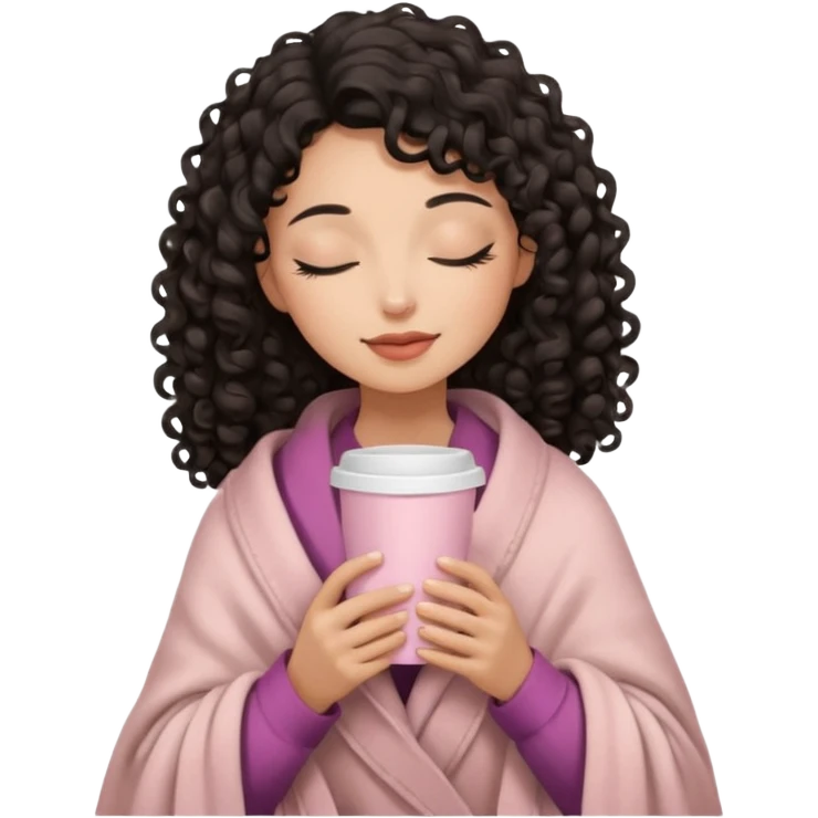woman with medium tone, black long 3b curls, closed eyes, feminine face, holding soft pink coffee cup with beige blanket over shoulders emoji