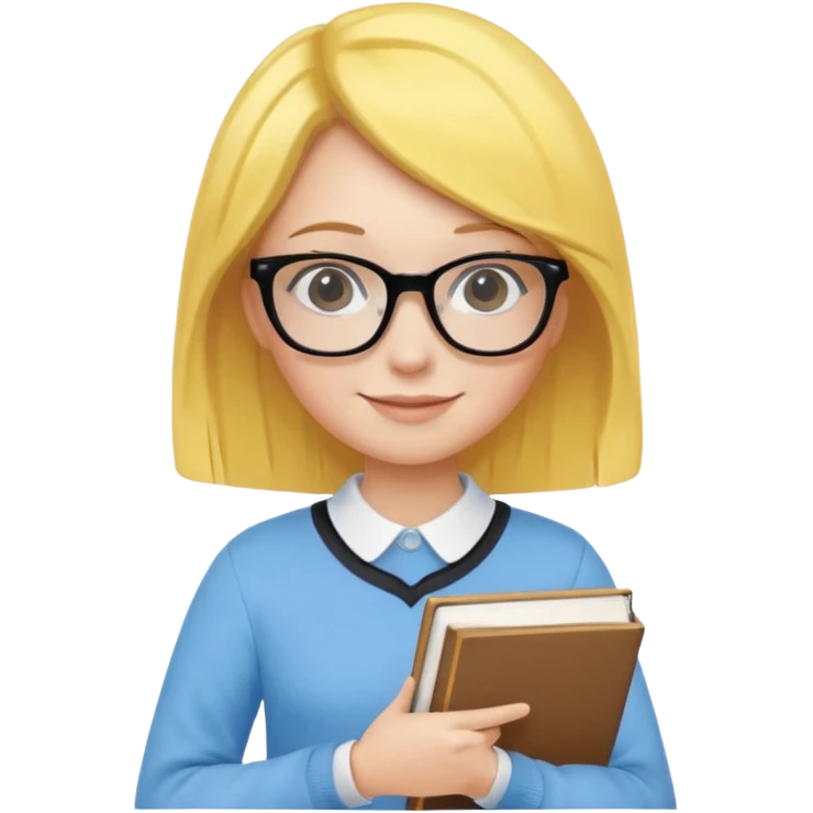 A smart and cute girl with yellow bobbed hair, wearing sky blue clothes,
I hold a book in one arm. There is a pen in the book.
He is wearing black-rimmed glasses and smiling brightly. emoji