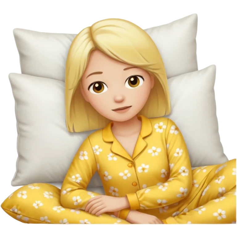 woman with blond hair in yellow pajamas, waking up on a white pillow, classic iOS emoji style emoji