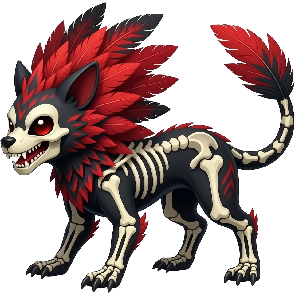 Rare black and red realistic dark edgy tropical tribal patterned feathery skeletal badass epic handsome gorgeous aesthetic colorful vibrant Vernid-Trico-species-Fakemon-creature by LiLaiRa, 4 legs, 1 tail, random markings, (full body) emoji