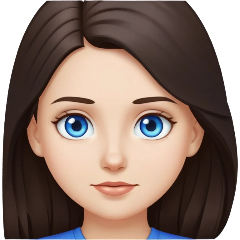 White girl, long dark brown hair, blue eyes, blue top, emoji, beautiful emoji