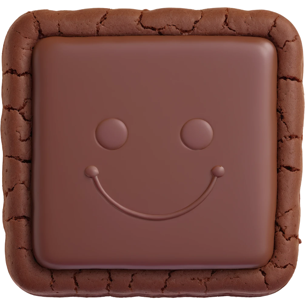 3D chocolate brownie with a smiley face, realistic depth, soft shading, cute and appealing emoji