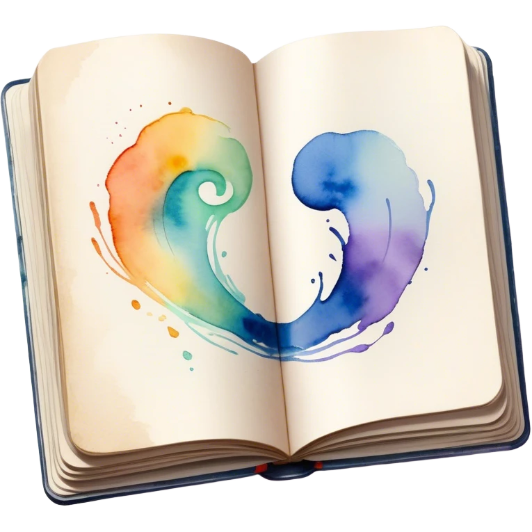 Cinematic Realistic image of an open sketchbook accompanied by a set of translucent watercolors, with delicate pigment stains and soft, flowing brushstrokes, captured under gentle, diffused lighting that highlights creative fluidity emoji