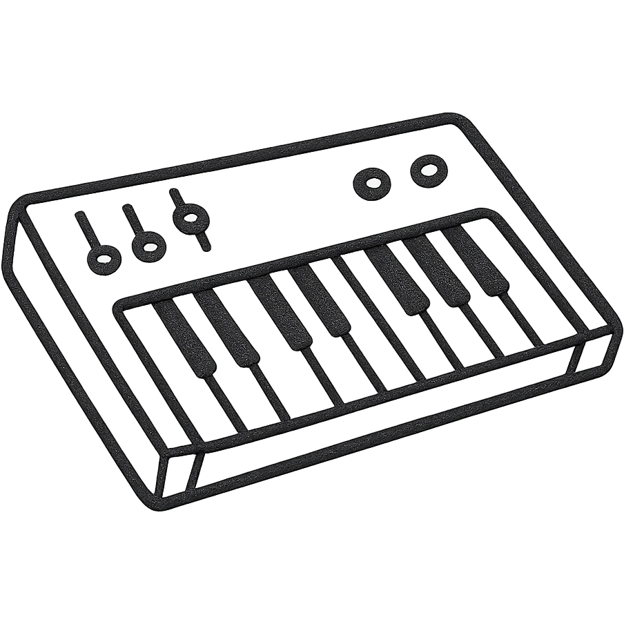 MIDI keyboard icon, hand drawn, black outlines, no fill, simple and clean, angled view emoji