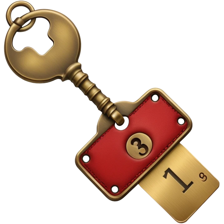 antique brass hotel key with large red leather room number tag emoji