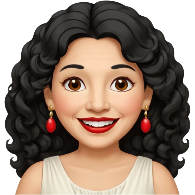 60 yr old peruvian woman, slightly chubby, wavy/curly long black hair, red lipstick, big smile, white teeth, brown eyes, hoop earings, side part to hair, round face, pretty white dress emoji