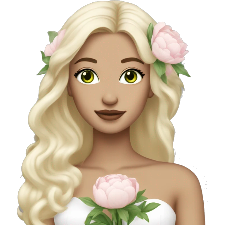 White bride with long light blonde hair and green eyes with light pink peonies in hair white skin  emoji