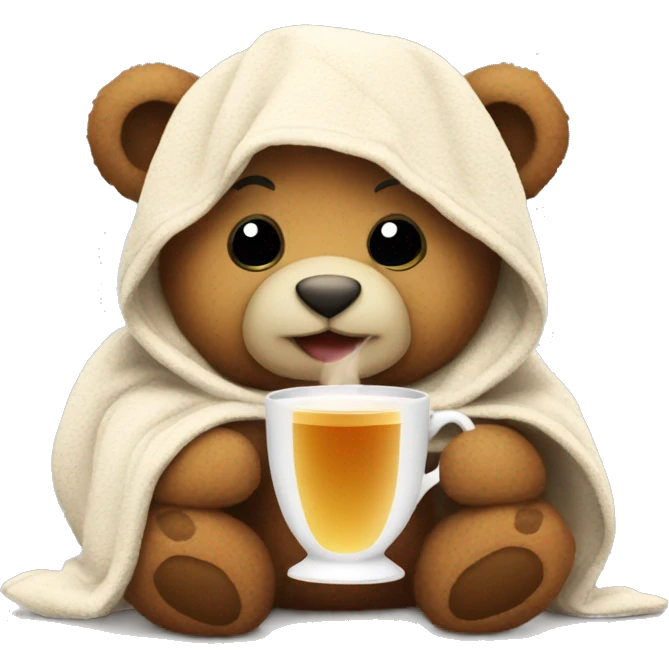 a Christmas teddy happy bear wrapped in a blanket drinks tea emoji