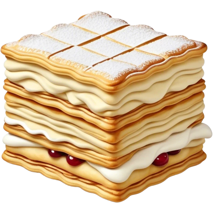 Cinematic Realistic Mille-Feuille Dessert Emoji, depicted as layered puff pastry with rich cream and a dusting of powdered sugar rendered with intricate textures and elegant, soft lighting. emoji