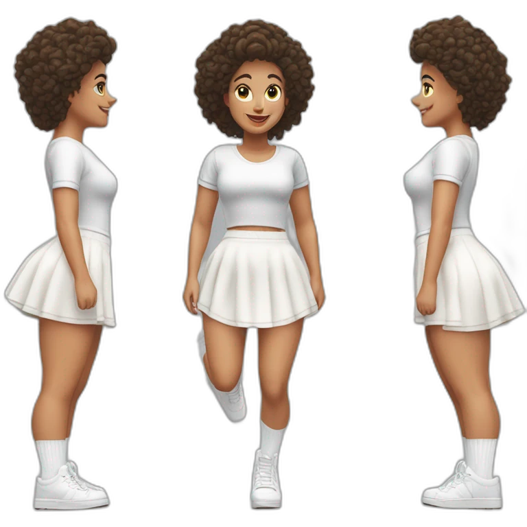 Hyperrealistic Full body Caucasian curvy beauty jumping short white skirt back and front views strong wind knickers long white socks emoji