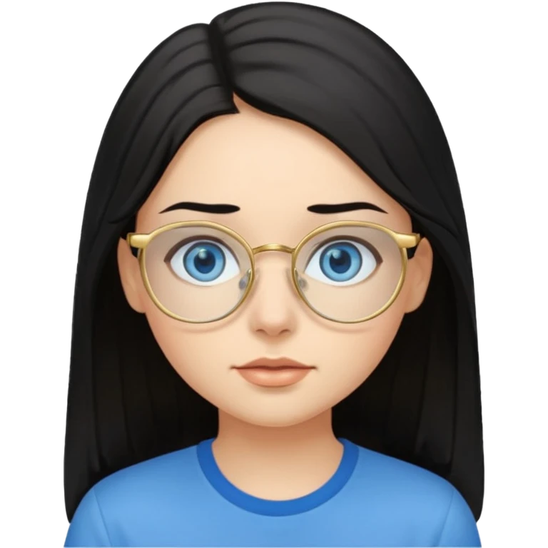 a black haired girl with blue eyes and glasses with blue shirt and long hair and gold glasses emoji