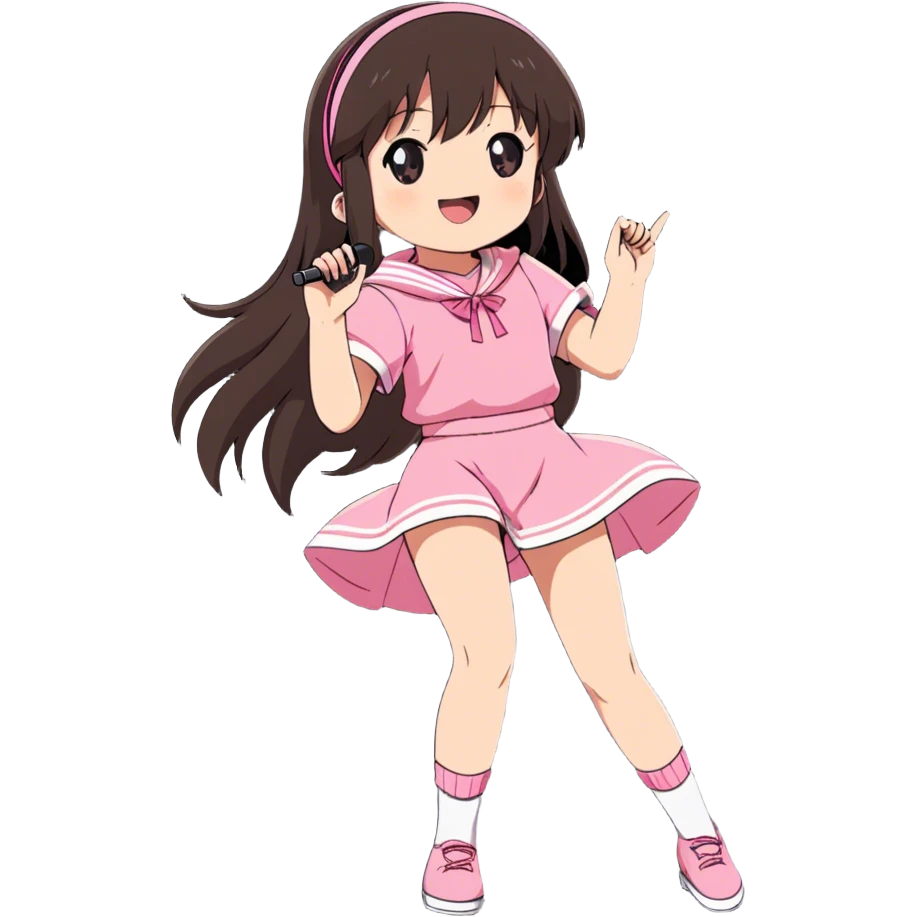 Beautiful brunette hip anime girl wearing pink and singing and dancing on stage  emoji