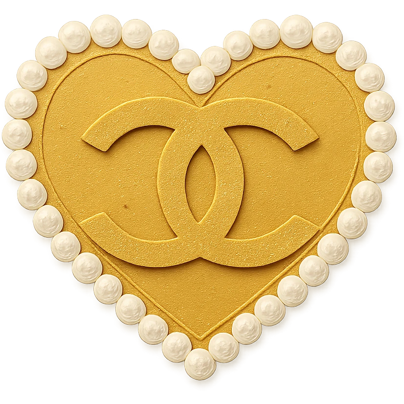 Chanel heart with interlocking C's, metallic gold, pearl border, elegant, paper craft style emoji