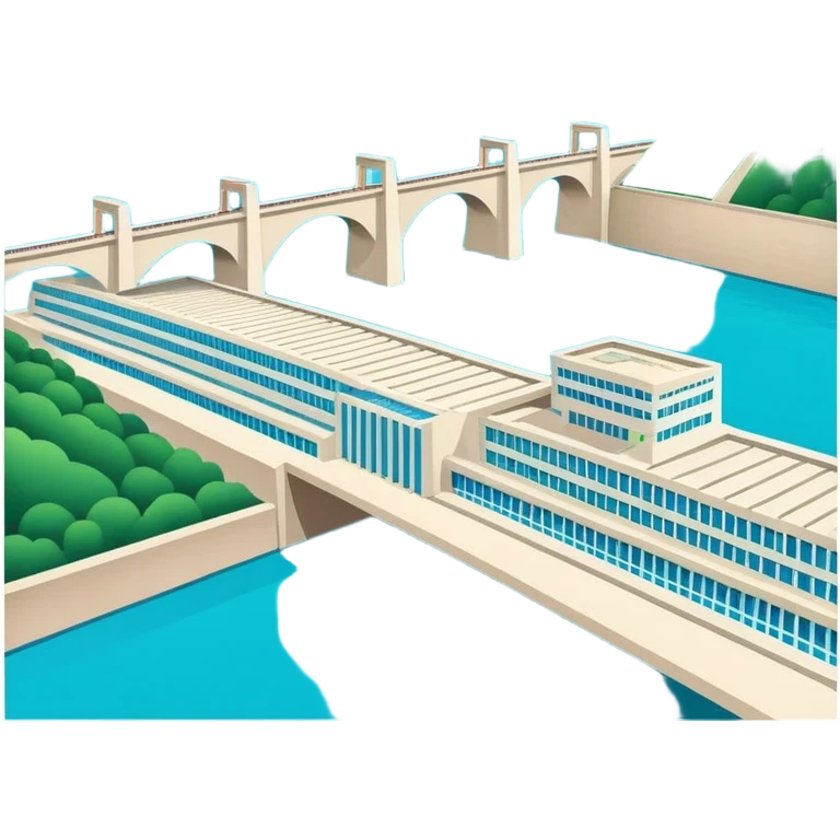 Yangtze River Three Gorges Dam massive structure, simplified emoji style with bold outlines and bright colors, cartoon style dam with water emoji