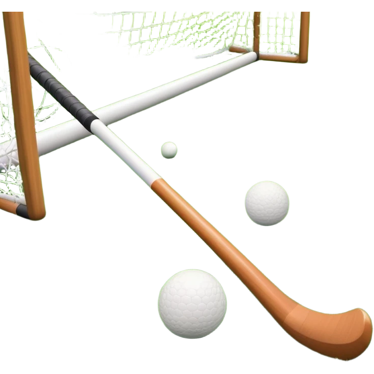 field hockey stick and ball on green grass field with goalposts in background emoji