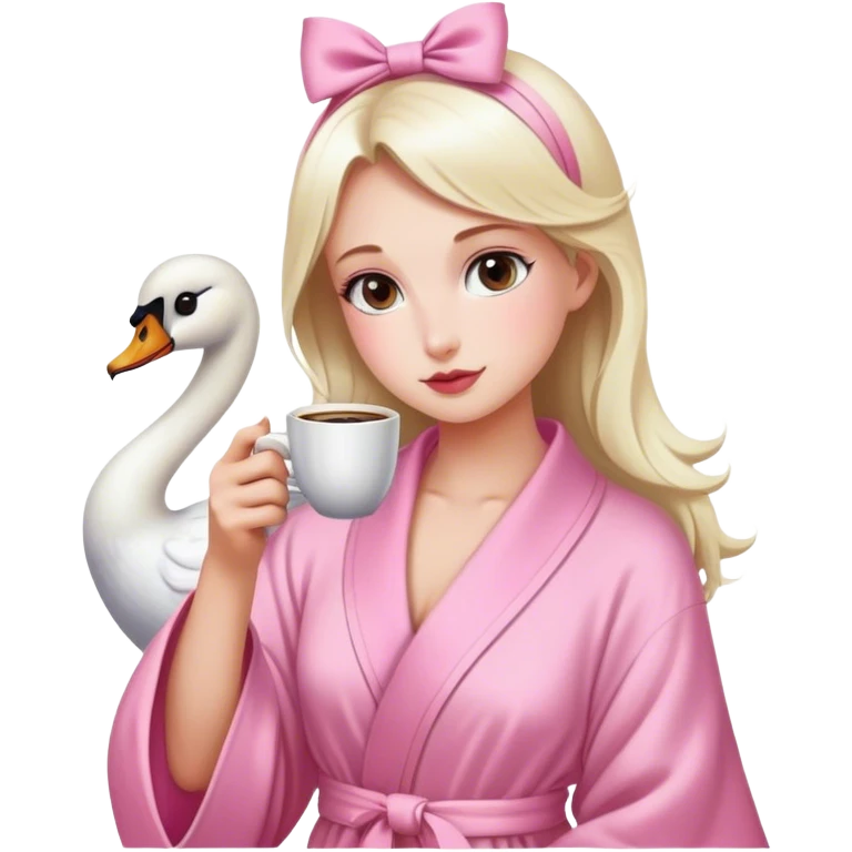 Chica con moño de cisne tomando café con bata rosa emoji