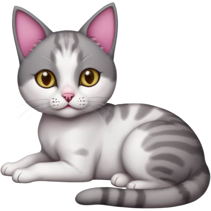 full body tiny short hair dark grey and white cat with hazel eyes lying down emoji
