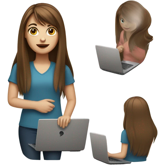 white girl with straight long brown hair and bangs holding a laptop in her hands emoji