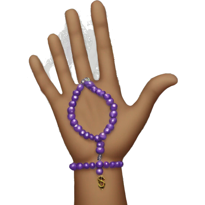 hand with purple bead bracelet holding money emoji