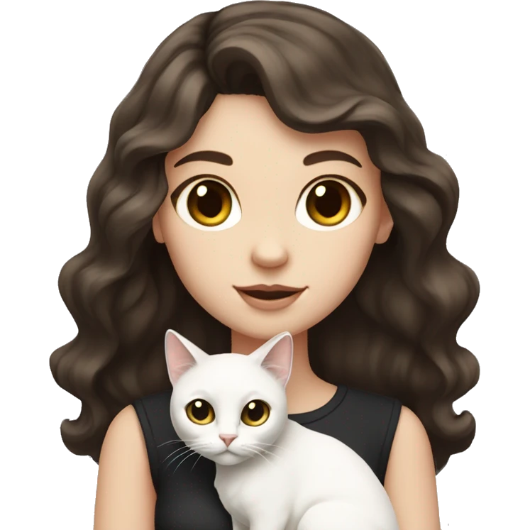 white girl with dark brown wavy hair and black eyes holding white cat emoji