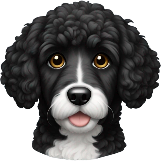 A bernadoodle breed dog, hair all black. All black except for white on its neck. an all black face emoji