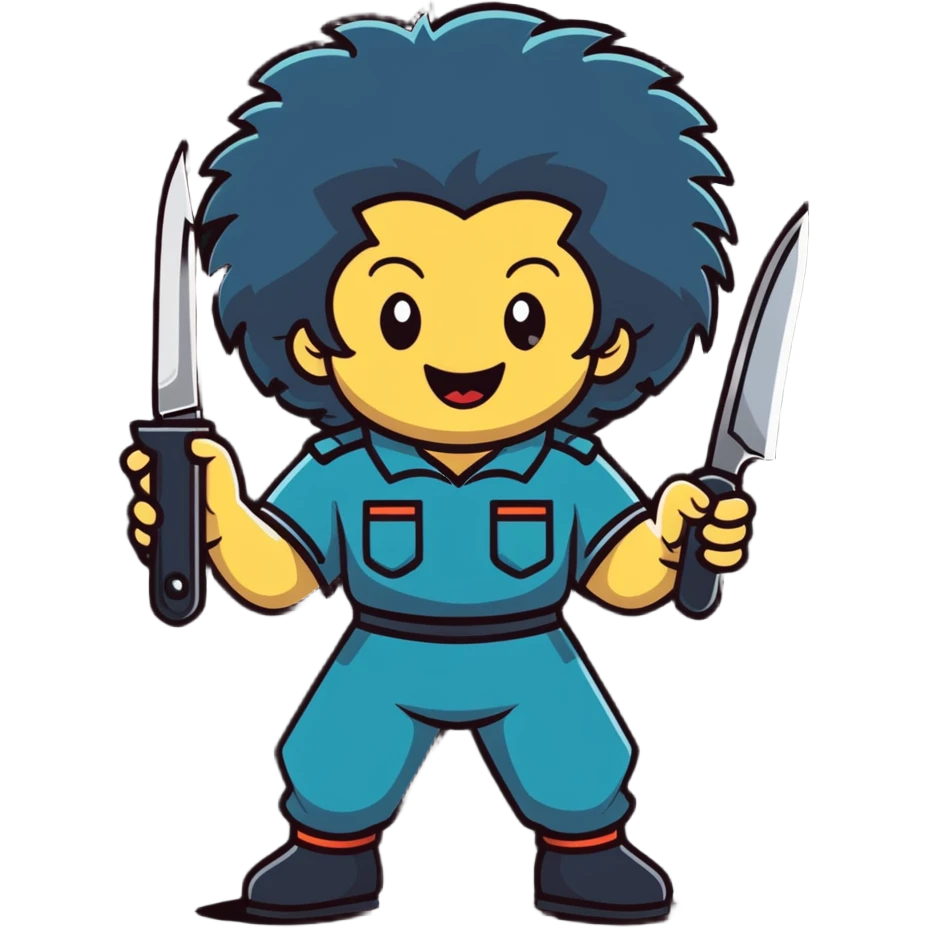 wild savage person in 1988 retro outfit with big hair, holding knife, evil laughing expression emoji