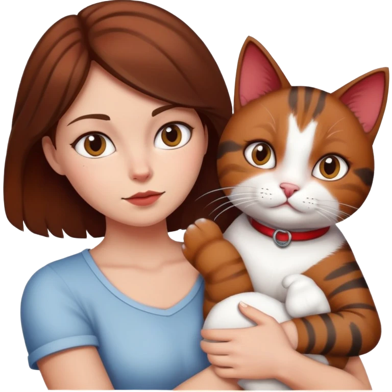 Woman stealing cat. frau mit brauen haaren. katze ist rot, weiß und schwarz. emoji