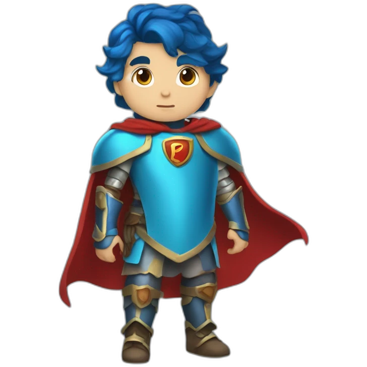 a boy with CYAN skin and deep blue hair, wearing armor and a short red cape emoji