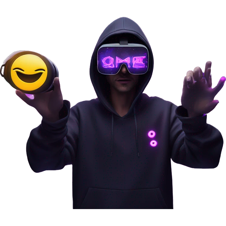 Russian man wearing a black hoodie with "OMG" letters on it and VR headset oculus quest 2 in a cyberpunk VR environment with violet neon lighting. Showing direction with hand emoji