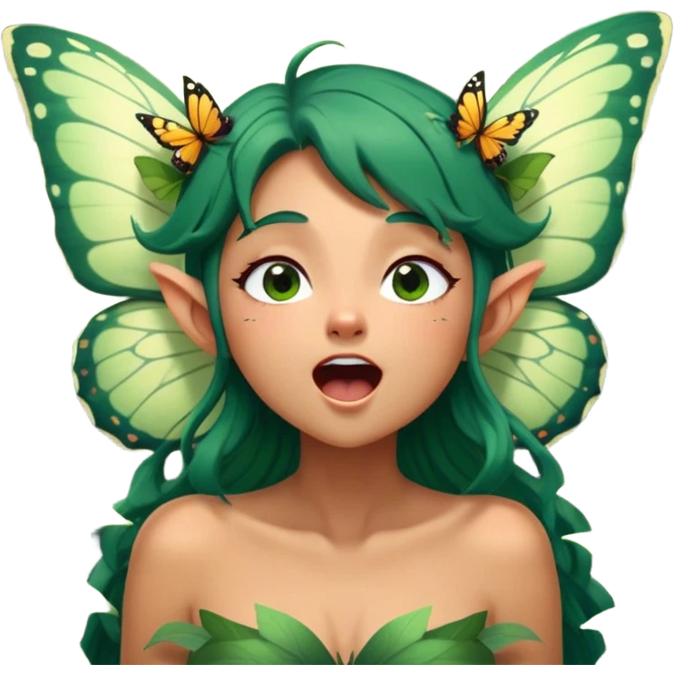 Cinematic Realistic Forest Fairy Portrait, head tilted slightly with a dramatic, wide-open yawn, revealing a tender, relaxed visage with finely detailed tanned skin and flowing, vine-adorned dark green hair gently framing her face. Her sleepy eyes exude a serene, dreamlike quality as soft natural sunlight filters through the canopy, showing her large butterfly wings from her back capturing the essence of a drowsy yet captivating forest drifting into peaceful slumber. emoji