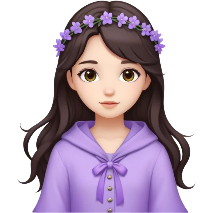 Cute girl with long dark brown hair and lavender asthetic outfit and accessories  emoji