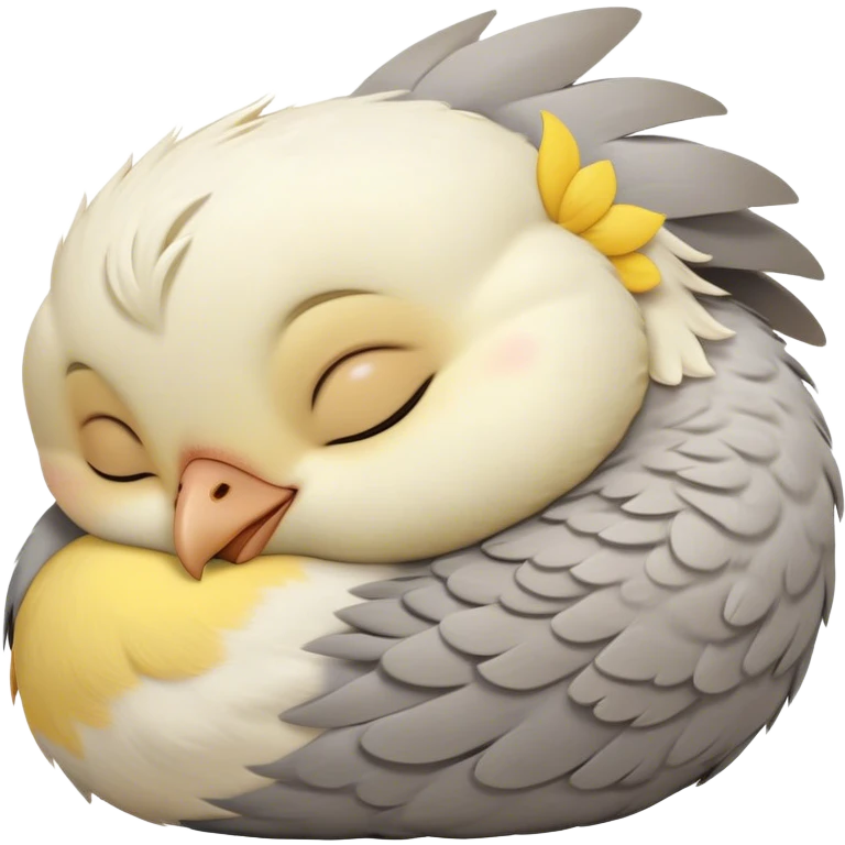Meme-Worthy Cute Sleeping Cockatiel Portrait Emoji, Head resting peacefully with a contented smile, showcasing a delicate, slender build and a luxuriously soft grey fur with gentle yellow accents, eyes shut in a serene nap, Simplified yet hilariously adorable features, highly detailed, glowing with a soft, drowsy light, high shine, relaxed and utterly lovable, stylized with an air of playful laziness, bright and heartwarming, soft glowing outline, capturing the essence of a comically sleepy cockatiel, so meme-worthy it feels like it could instantly become the next viral sensation of adorable slumber! emoji