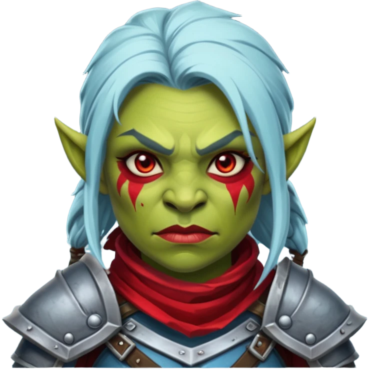 Fantasy Christmas orc legion soldier icon, iron tundra army theme, heavy winter armor, disciplined brutal look, dark icy steel armor with bold crimson cloth and markings, cold blue shadows, high contrast, clean emoji portrait style, female variant emoji