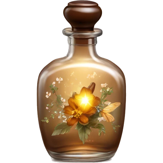 Brown magic fairy light sparkling old Antique oil perfume bottle with herbal and flowers emoji