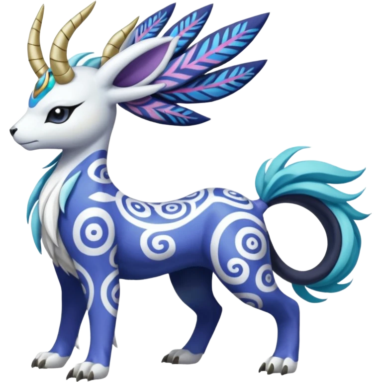Tropical Tiny Marked Patterned Tribal Colorful Skilled Adept Graceful Asian Painted Garurumon-Meloetta-Absol-Suicune-Cobalion-fusion-hybrid-creature (full body) emoji