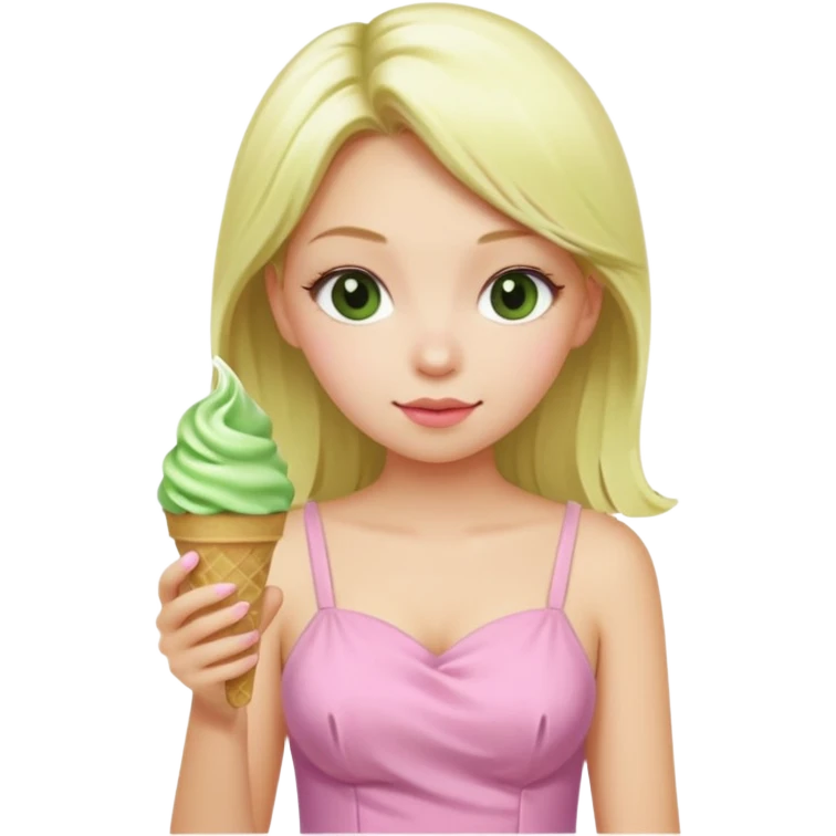 girl blonde long hair in pink dress,  eating matcha ice cream emoji