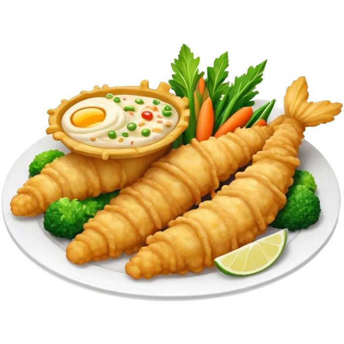 Tempura Cinematic Realistic Tempura Dish Emoji, depicted as extra crispy, lightly battered seafood and vegetables, rendered with vivid textures and dynamic, bright lighting. emoji