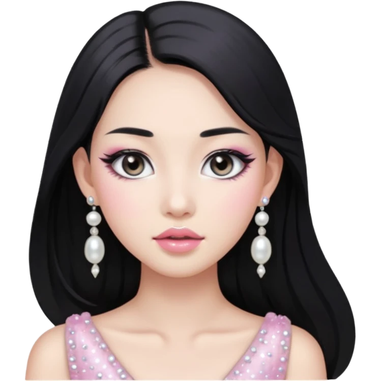 asian long black hair silver grey eyes glossy lips glittery white and light pink eyeshadow girl pearl earrings emoji