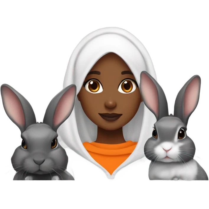 Black Muslim girl and her 3 cute orange, gray, and mix colored holland lop bunnies emoji