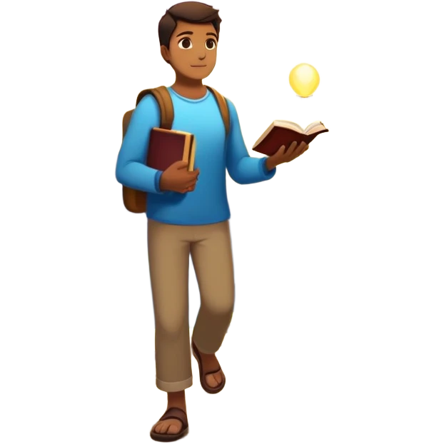 A man walks from darkness and inner conflict toward a glowing light in his chest, guided by intuition. Along the path, he passes through ambition and emptiness, then reaches a radiant mountaintop where healing transforms him into a fulfilled guide, holding a book and offering his hand to others. emoji