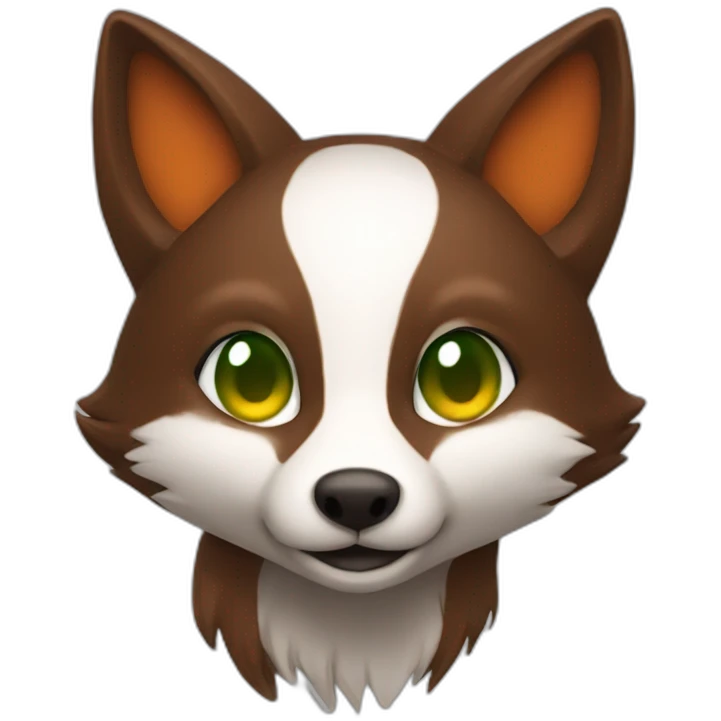 small dark brown fox with orange eyes and a dark green hood that smile emoji