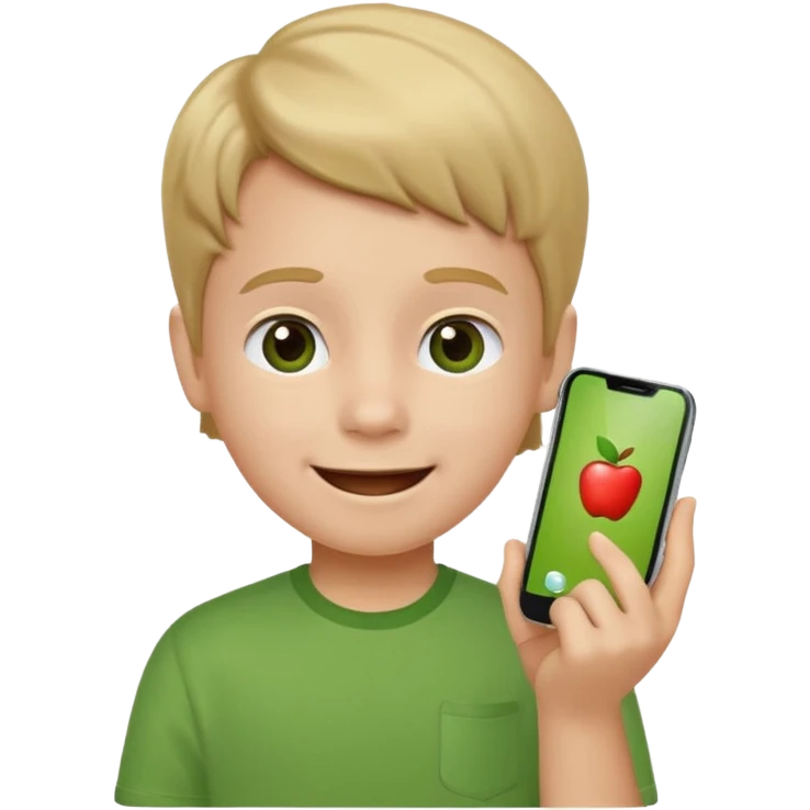 happy little kid with a phone, apple style emoji, wearing a green shirt, concise style typical of apple emojis emoji